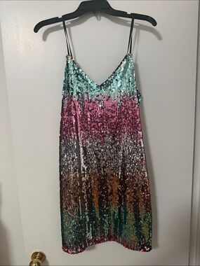 Express Sequin Ombre Slip Dress in Mint, Pink & Bronze